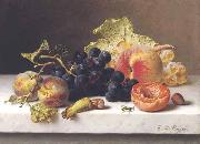 Johann Wilhelm Preyer Grapes peaches and plums on a marble ledge oil